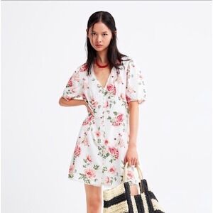 Zara The Short Romance Linen Floral Button Front Mini Dress in White Red Size S
